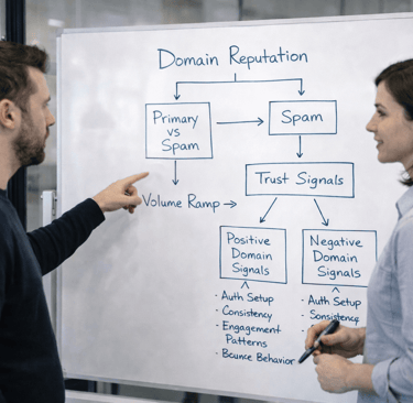 Male and female founders discussing outbound performance and domain setup on a whiteboard