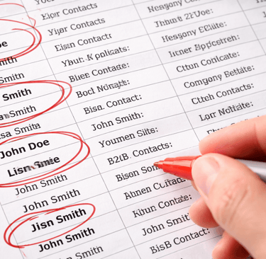 Duplicate B2B contacts circled in red on a printed spreadsheet