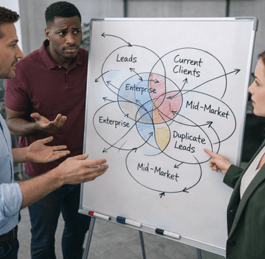 Team reviewing overlapping segmentation diagram on whiteboard
