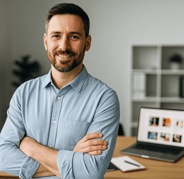 eCommerce founder standing in a modern office with a laptop on the desk.