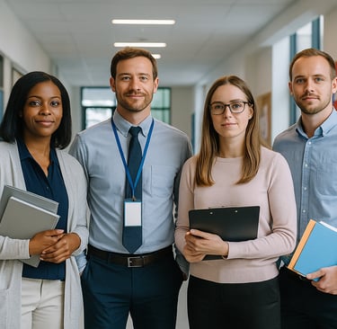 Educators standing in a school hallway representing fast-decaying education sector leads.