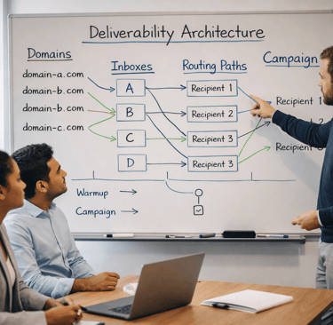 Team reviewing email routing architecture on whiteboard