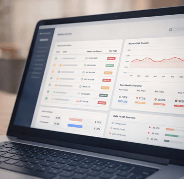 Laptop showing an email verification dashboard with bounce risk indicators.