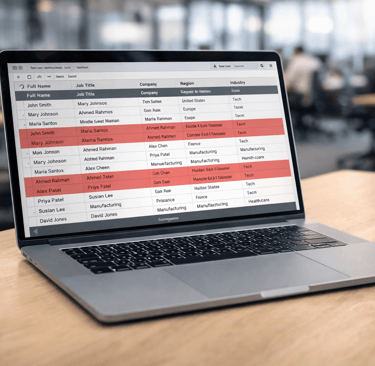Laptop showing global lead list with red drifted records in a busy office
