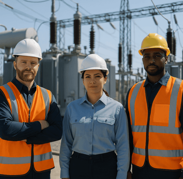 Energy and utilities workers standing at a power facility.