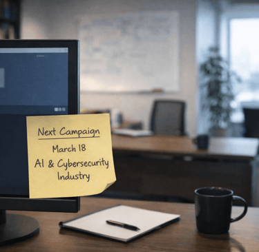 Sticky note on monitor showing next AI cybersecurity campaign date in founder office.