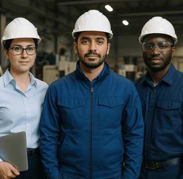 Engineering team wearing helmets inside a modern industrial facility.