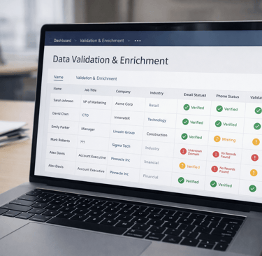 Laptop showing a data validation dashboard comparing enriched leads and basic lists.