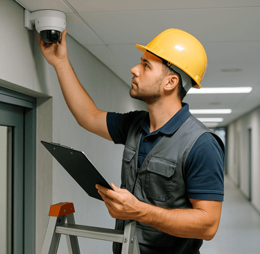 Maintenance worker on a ladder inspecting a CCTV camera in a commercial hallway.