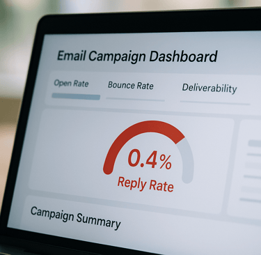 Close-up of a laptop screen showing a red 0.4% reply rate on an email campaign dashboard.