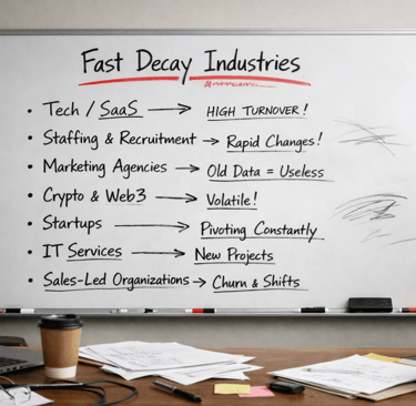 Whiteboard listing fast-decay industries in a messy office