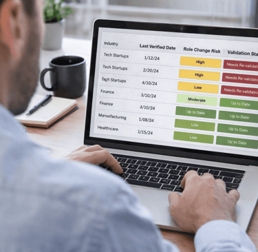 analyst reviewing lead validation status on laptop spreadsheet
