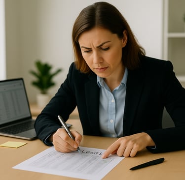 Female founder auditing a B2B lead list for accuracy in a modern office