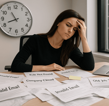 Female founder looking frustrated at piles of prospect sheets with errors.