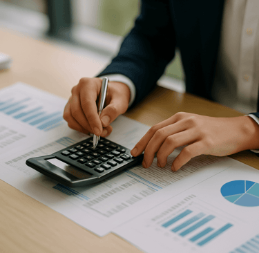 Close-up of hands using a calculator with financial documents on a desk.