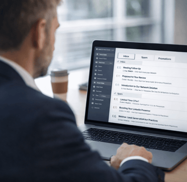 B2B founder reviewing inbox and spam folders on a laptop