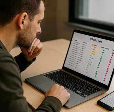 Founder reviewing B2B leads on laptop with verification checks visible
