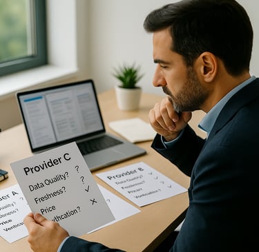 Founder comparing different B2B lead provider options on a laptop