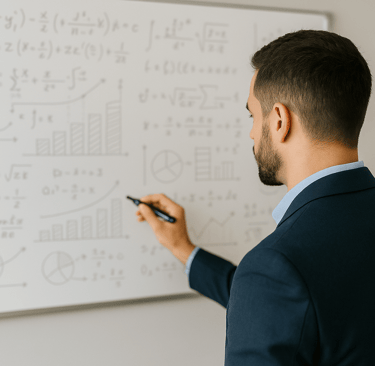 Founder doing calculations on a whiteboard from an over-the-shoulder view.