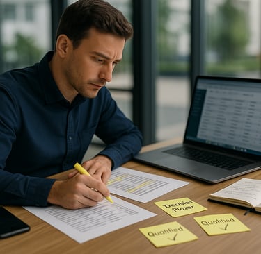 Founder reviewing and highlighting B2B lead lists at a modern office desk