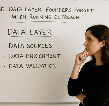 Woman founder thinking in front of a whiteboard with data layer notes