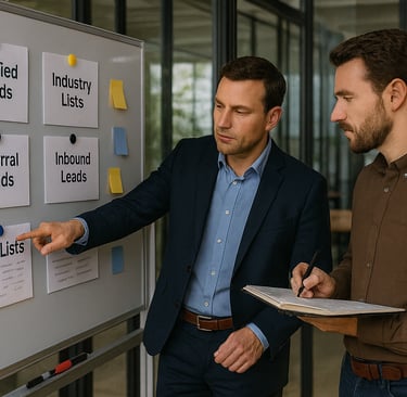 Founders reviewing different B2B lead source options on a whiteboard