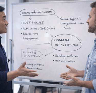 Two founders discussing domain reputation mechanics in front of a small board