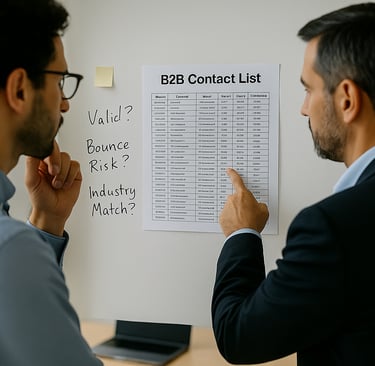 Two founders reviewing a B2B contact list on a whiteboard