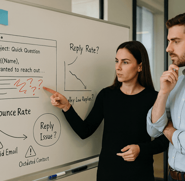 Founders analyzing cold email performance on a whiteboard with reply rate and bounce rate notes.