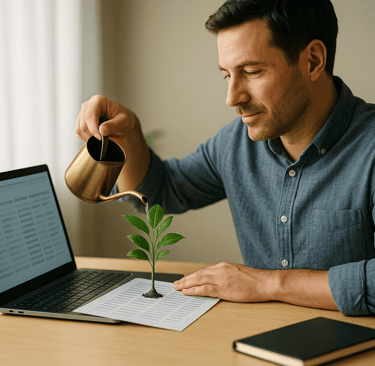 Founder watering a plant growing from lead data to symbolize fresh leads.