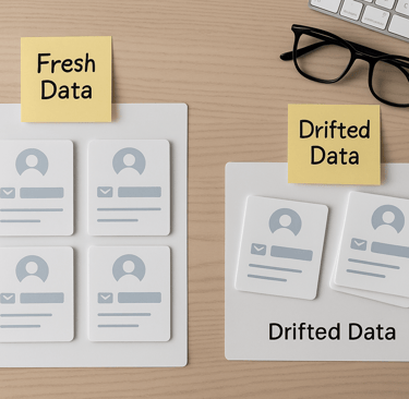 Top-down photo of fresh data sheets beside drifted data sheets on a desk.