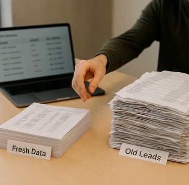 Founder choosing fresh data over a large stack of outdated leads