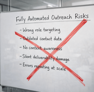 Whiteboard showing automated outreach risks