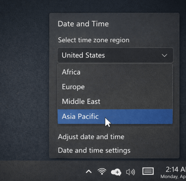Windows-style time zone dropdown showing a region mismatch causing mistimed outreach