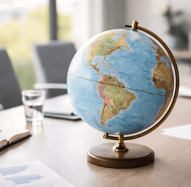 Globe on a meeting room table representing geographic differences in B2B lead reliability