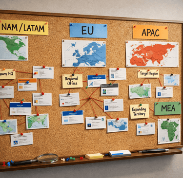Lead list geographic segmentation pinboard in office showing NAM LATAM EU APAC regions