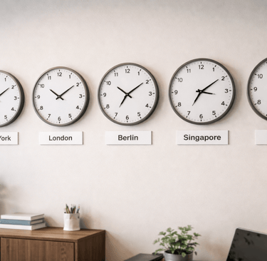 Wall-mounted clocks showing different global time zones to represent reply timing in outbound