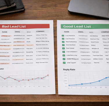 Comparison of clean and poor-quality lead lists showing different reply rate performance curves