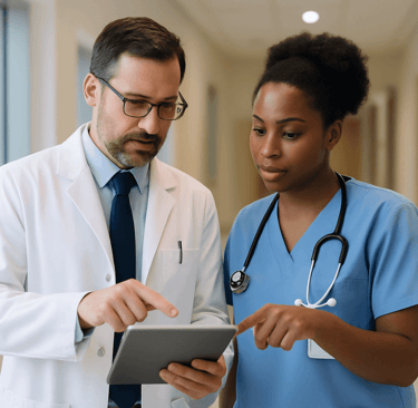 Doctor and nurse reviewing information on a tablet in a hospital hallway