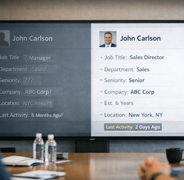 Split contact profile showing ignored vs noticed data on a meeting room monitor
