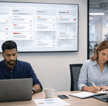 Founders working while hidden pipeline issues appear on CRM dashboard