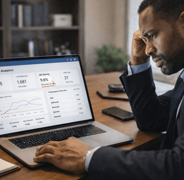 CEO reviewing campaign analytics showing high email bounce rate