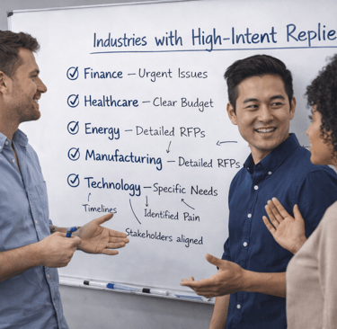 SDR team discussing industries with high-intent replies on a whiteboard