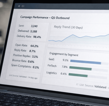 Cold email sequencer analytics dashboard showing strong delivery and reply rates