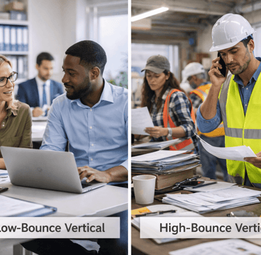 Split-screen showing high-bounce vs low-bounce industry outreach comparison