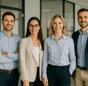 HR team standing together in a modern office environment.