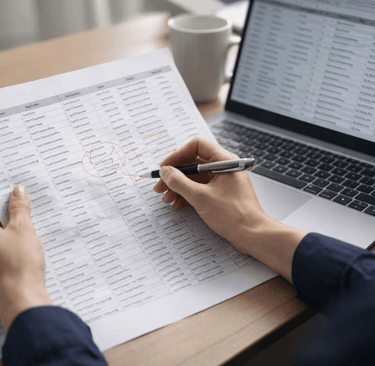Person manually validating B2B leads against a printed checklist