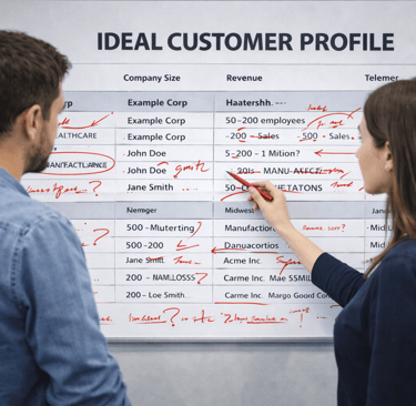 Two founders reviewing an ICP list with heavy red drift notes on a whiteboard