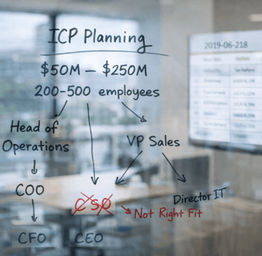 ICP planning notes on glass board with outdated data in background