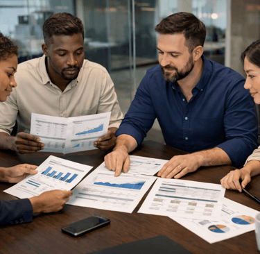 SDR team reviewing printed reply rate analytics around a conference table